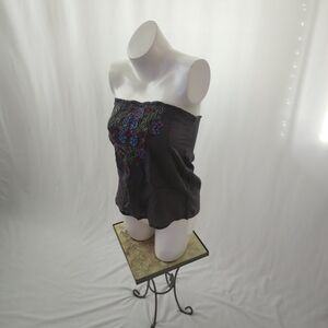 Dream Life Y2K Beaded Embroidered Smocked Tube Top Black Boho Festival Strapless